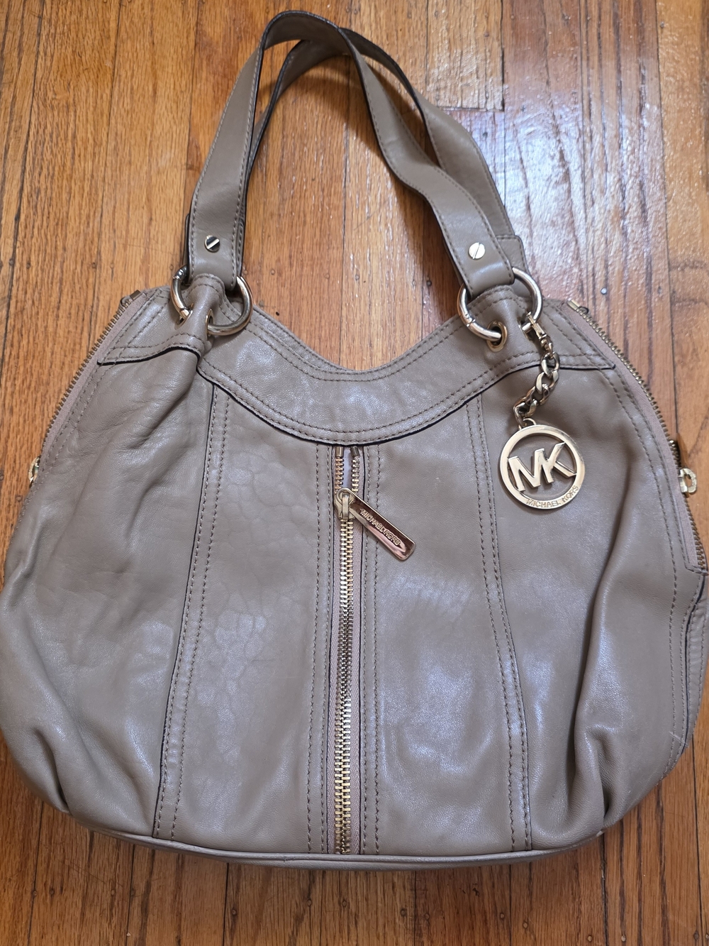 Michael Kors Taupe Leather Shoulder Bag with Gold MK Charm